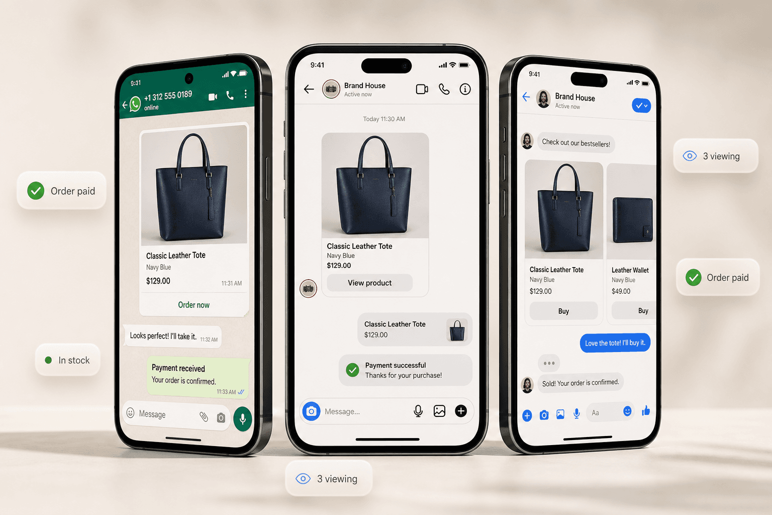 The same products selling as cards on WhatsApp, Instagram, and Facebook mobile chats